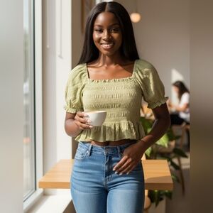 Bohemian Light Green Ruffle Top – Smocked Fit XS/S